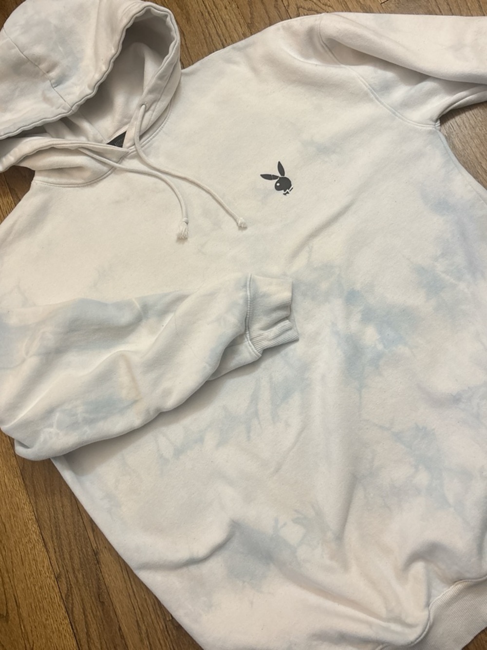 PLAYBOY X Missguided White Hoodie with Light Blue Cloud Wash Tie-Dye Bunny Logo